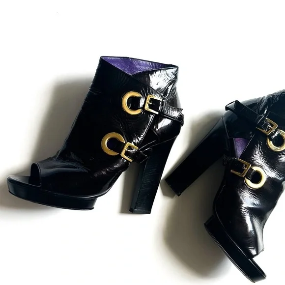 Sergio Rossi Crinkle Patent Leather Open-toe Booties Golden Statement Buckles 38 - Picture 2 of 14